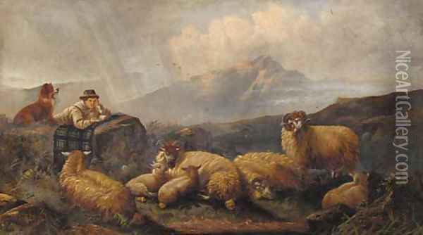 A shepherd and his flock in a Highland landscape Oil Painting - John Morris