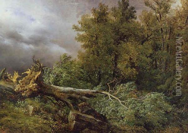Fallen Tree In A Stormy Landscape Oil Painting - Francois Diday