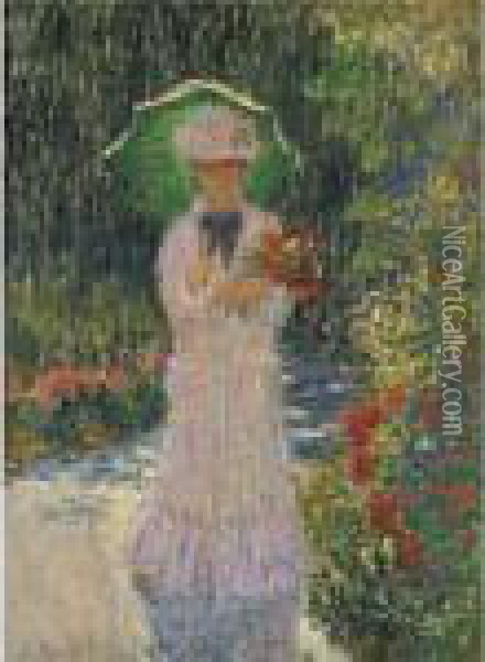 Camille A L'ombrelle Verte Oil Painting - Claude Oscar Monet