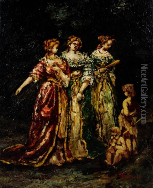 Three Graces Oil Painting - Adolphe Monticelli