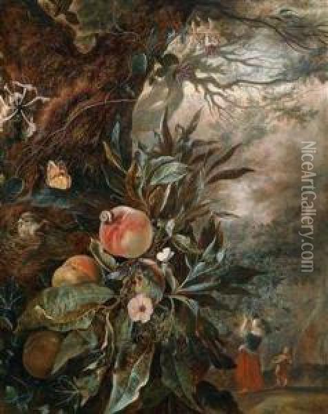 Waldstilllebenmit Einer Frau Mit Kind Im Hintergrund Oil Painting - Isaac Vroomans