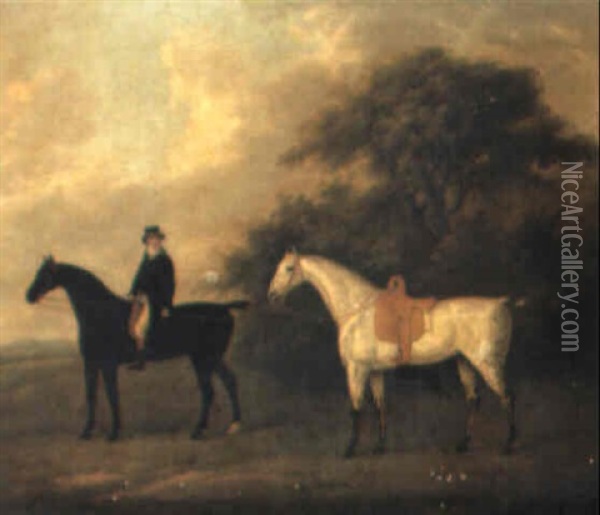 A Gentleman On Horseback, Leading A Grey, In A Landscape Oil Painting - John Nost Sartorius