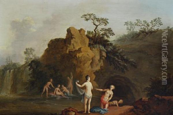 Romantic Landscape With Bathers Oil Painting - Jan Van Huysum