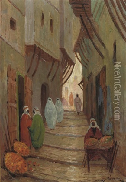 Rue A Algiers - Streetview In Algeria (+ Olive Mount, Jerusalem; 2 Works) Oil Painting - Johan van der Bilt