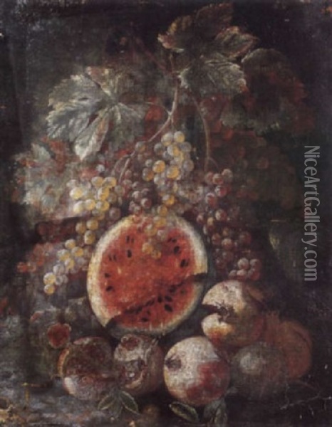 A Melon, Grapes, Figs And Pomegranates Oil Painting - Giovanni Battista Ruoppolo