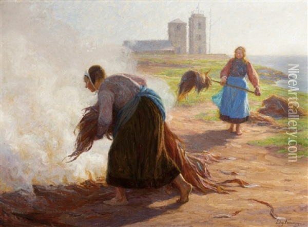 Women Burning Seaweed In Brittany Oil Painting - Edgard Farasyn