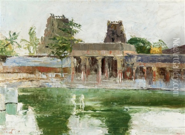 Sacred River At The Great Pagoda, Madura (india) (1894) Oil Painting - Guillaume Van Strydonck