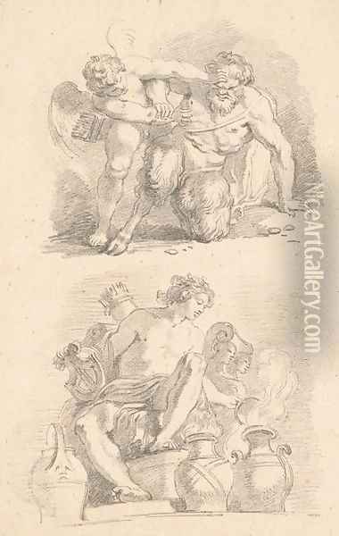Cupid fighting a satyr and Mercury seated on a throne lifting the lid of an urn, after the old masters Oil Painting - Jean-Honore Fragonard