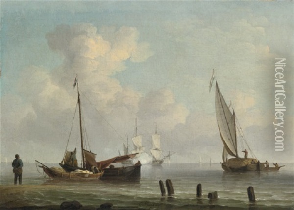Dutch Fishing Kaags By A Shore, With A Man Of War Saluting Oil Painting - Charles Brooking