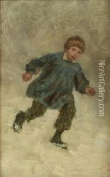 Young Boy Running In The Snow Oil Painting - Edouard Frere
