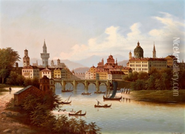Grose Stadtansicht Am Flus Oil Painting - Johann Wilhelm Jankowski
