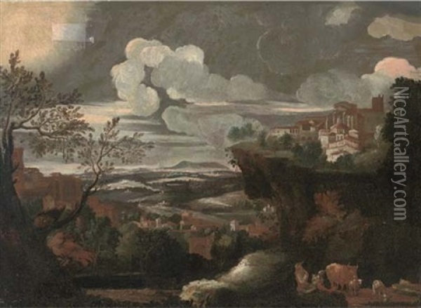 An Extensive Mountainous Landscape, With A Shepherd And His Flock, A Town Beyond Oil Painting - Pieter Mulier the Younger