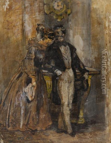 A Couple Standing By A Fireplace Oil Painting - Constantin Guys