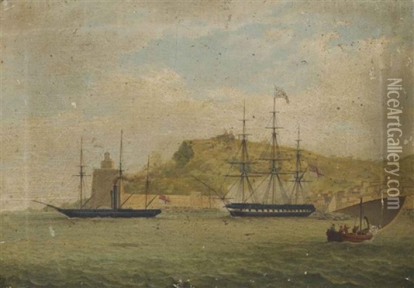 H.m.s. Salamander Off La Torre De Hercules At The Entrance To The Harbour Of La Coruna Towing A British Frigate, Flying The Flag Of The Governor... Oil Painting - Joseph Schranz
