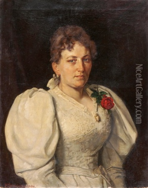 Bildnis Einer Jungen Frau In Weissem Kleid Mit Roter Rose Und Medaillon Oil Painting - Fritz (Friedrich) Stirnimann