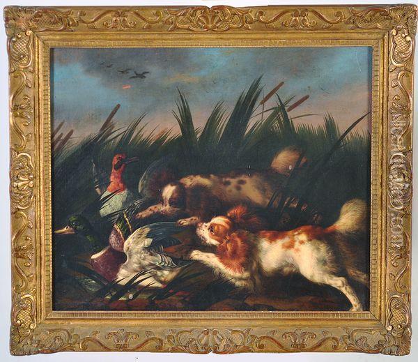 chiens Poursuivant Des Canards Parmi Des Roseaux Oil Painting - Nicasius Bernaerts