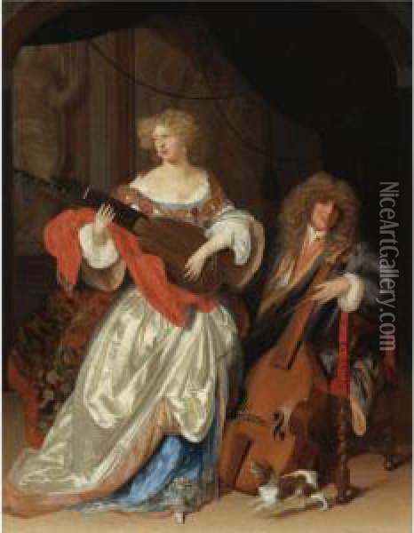 A Lady Playing The Lute And A Gentleman With A Viola Da Gamba Oil Painting - Adriaen Van Der Werff