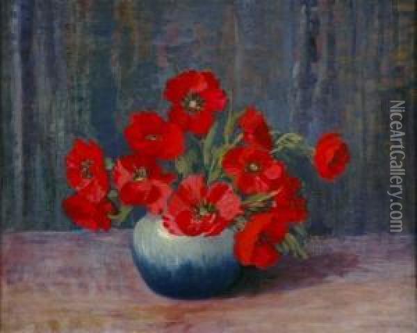 Anemone In Blue Vase Oil Painting - Alfred Jansson