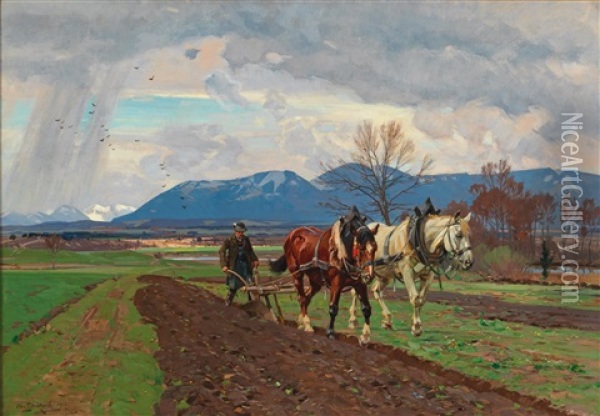 Farmer Ploughing Oil Painting - Otto Struetzel