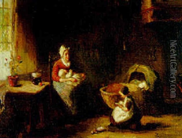 A Mother And Her Children In An Interior Oil Painting - Bernard de Hoog