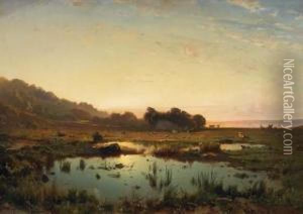 Chiemsee Landscape In The Evening Sun. Oil Painting - Friedrich August Zimmermann