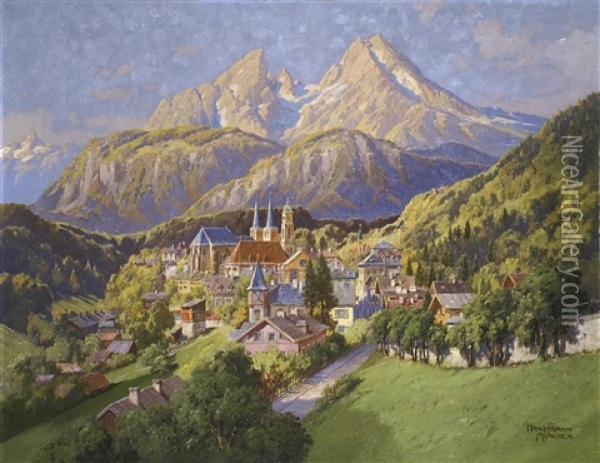 Blick Auf Berchtesgaden Mit Stifts- Und Pfarrkirche, Dahinter Das Watzmannmassiv Oil Painting - Hans Frahm