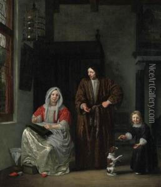 An Elegant Family With A Dog In An Interior Oil Painting - Michiel van Musscher