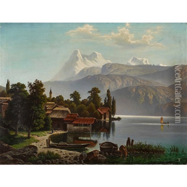Hilterfingen Mit Blick Auf Eiger, Monch Und Jungfrau Oil Painting - Theodor (Wilhelm T.) Nocken