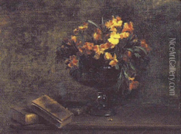 Opstilling Med Gyldenlak Og Boger Oil Painting - Augusta Dohlmann