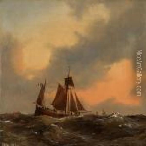 Seascape With A Saling Ship In High Waves Oil Painting - Anton Melbye