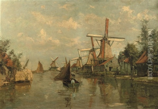 Zicht Op De Zaan: Mills Along The River Zaan Oil Painting - Franz Courtens