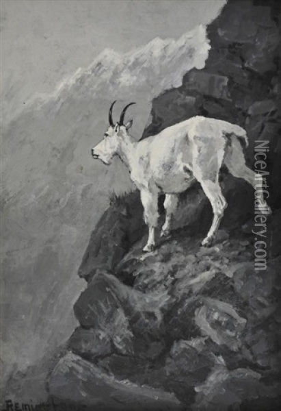 The White Goat At Home (mountain Goat On A Rocky Ledge; Rocky Mountain Goat) Oil Painting - Frederic Remington