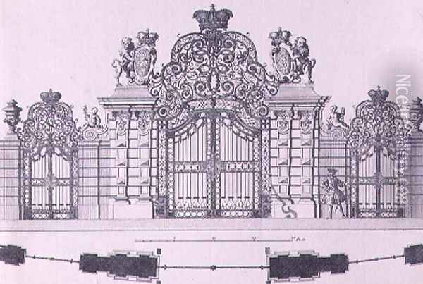 Plan and elevation of the entrance gates to Schloss Belvedere in Vienna probably designed by Johann George Oegg Oil Painting - Salomon Kleiner