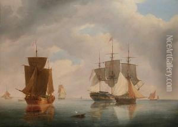 Shipping In Calm Waters Oil Painting - Frederick Calvert