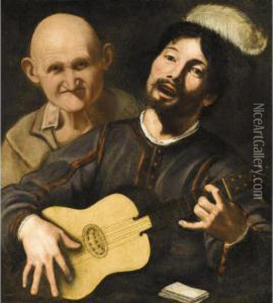 A Guitar Player With An Old Man Behind Oil Painting - Pietro Paolini