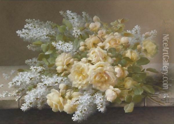 Still Life With Roses And White Lilacs On A Table Oil Painting - Raoul Maucherat de Longpre