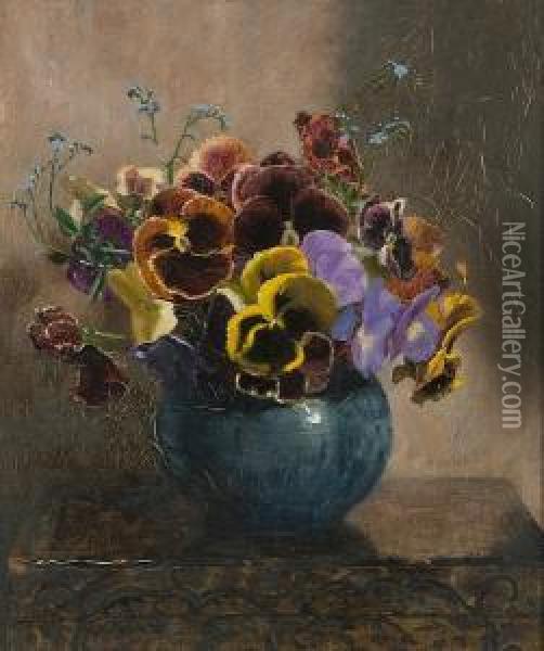 Still Life Of Pansies In Blue Vase Oil Painting - Charles Ward