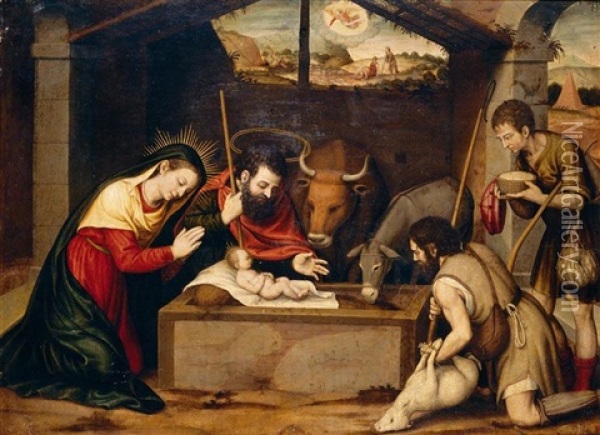 The Adoration Of The Shepherds, With The Annunciation To The Shepherds Beyond Oil Painting - Nicolas Borras