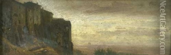 Italienische Landschaft. Blick Uber Eine Weite Ebene, Links Auf Felsen Ein Ort Oil Painting - Oswald Achenbach