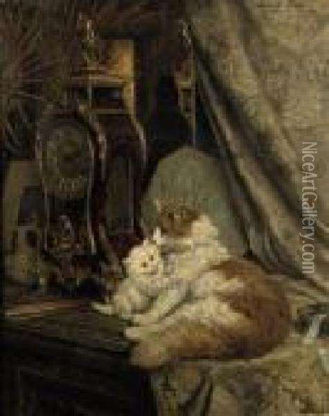 Mother Cat And Her Kitten With A Bracket Clock Oil Painting - Henriette Ronner-Knip