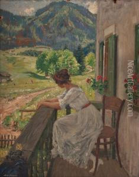 Junge Frau Auf Dem Balkon Oil Painting - Robert Volcker