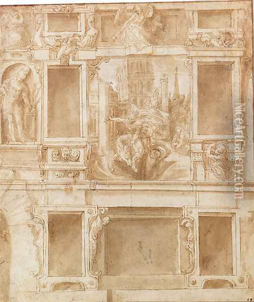A design for a section of painted faade decorated with the Sacrifice of Marcus Curtius and Mucius Scaevola, and other figures Oil Painting - Lelio Orsi