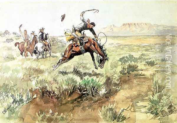 Bronco Busting Oil Painting - Charles Marion Russell