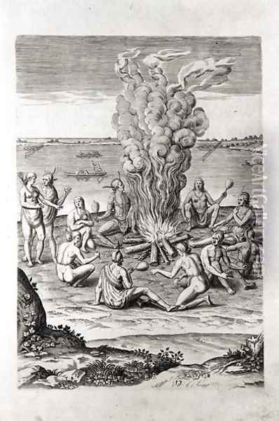 Indians praying around a fire, engraving from Hariot's A Briefe and True Report of...Virginia, 1590, engraved by Theodor de Bry (1528-98) Oil Painting - John White