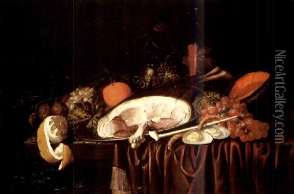A Ham On A Pewter Plate, A Pipe, Oysters, Red Grapes, A Melon, A Facon De Venise Of Red Wine, A Roemer, And Other Fruits On A Partially Draped Table Oil Painting - Jan Pauwel Gillemans The Elder