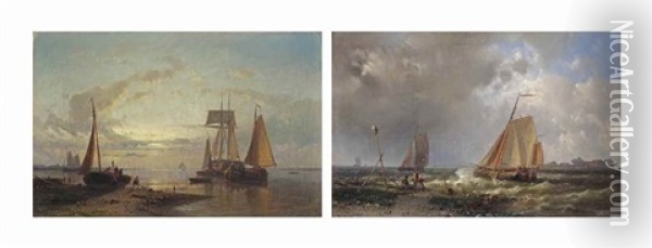 Shipping In A Stiff Breeze Off The Dutch Coast; And Ships At Sunset (pair) Oil Painting - Abraham Hulk the Elder