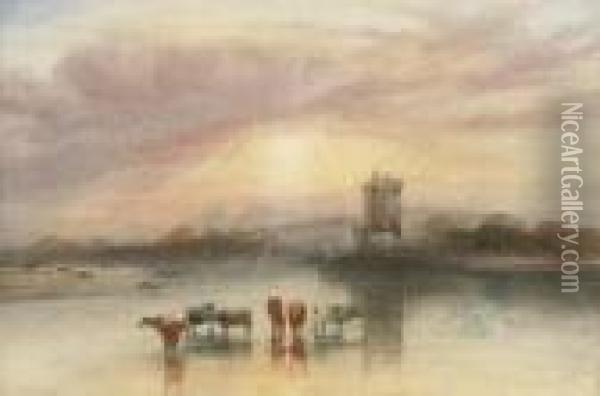 Cattle Wattering, A Castle Beyond Oil Painting - Andrew Nicholl