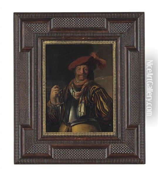 Portrait Of A Gentleman, Three-quarter-length, In Armour And A Red Plumed Cap, A Sword In His Right Hand Oil Painting - Frans van Mieris the Elder