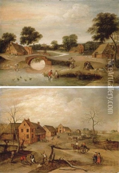 Summer: A Landscape With Peasants Dipping Sheep In A River (+ Winter: A Village Scene With Peasants Felling Trees; Pair) Oil Painting - Jacob Grimmer