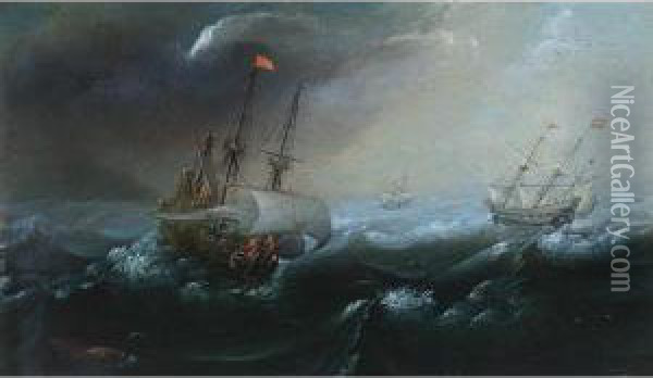 Galleons On Stormy Seas Oil Painting - Andries Van Eertvelt